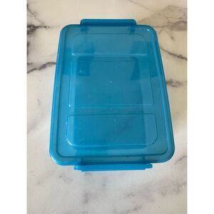 Blue storage container plastic clip on lid see through transparent